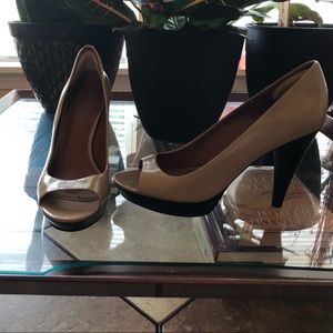 Guess Nude Leather Open Toe Platform Pumps